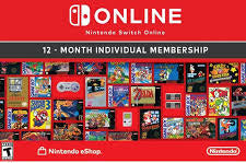 Nintendo Switch Online 12-month membership card with various game icons on a red background